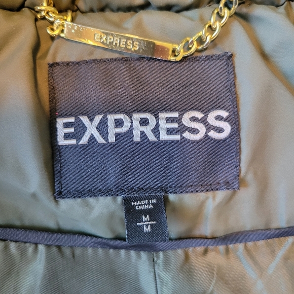 Express Quilted Green Jacket Coat with Faux Fur Hood - Picture 5 of 8